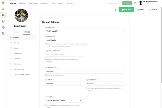 Lightfolio User Interface of the Gallery Settings Screen