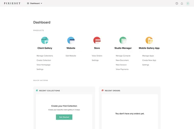 Pixieset User Interface of the User Dashboard Screen