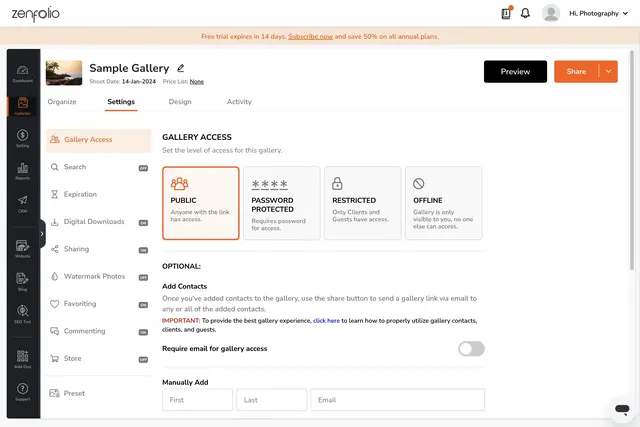 Zenfolio User Interface of the Gallery Settings Screen