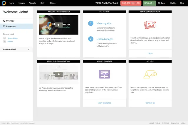 PhotoShelter User Interface of the Dashboard Screen