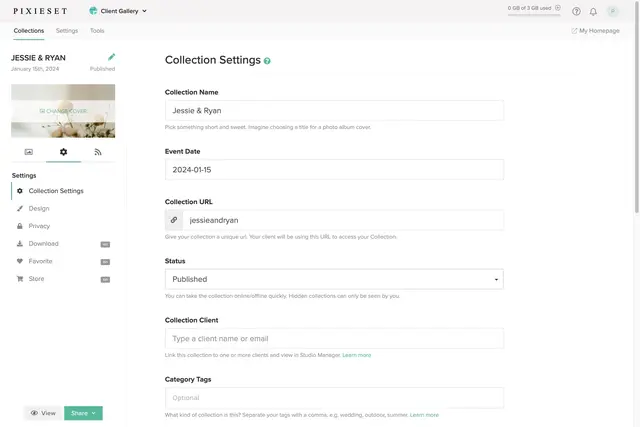 Pixieset User Interface of the Gallery Settings