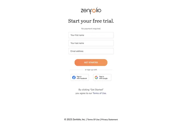 Zenfolio User Interface of the Sign up Screen