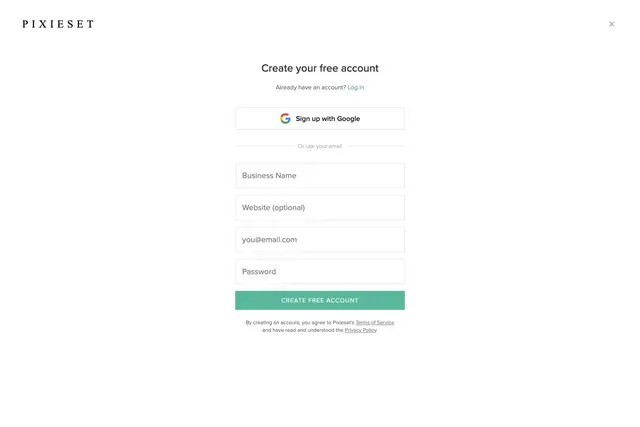Pixieset User Interface of the Sign up Screen