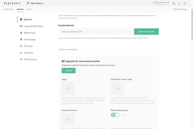 Pixieset User Interface of the Account Settings Screen