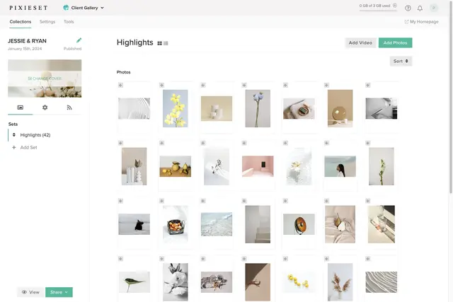 Pixieset User Interface of the Gallery Screen