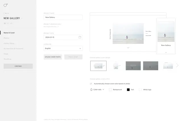 Pic-Time User Interface of the Gallery Settings Screen