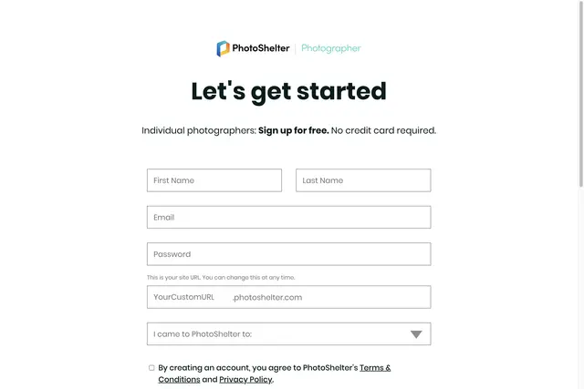 PhotoShelter User Interface of the Sign up Screen