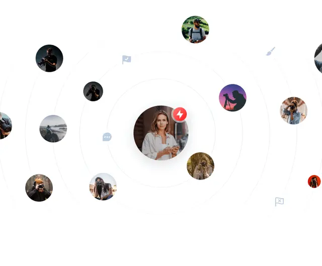 User centric visual with a woman surrounded by collaborators and review options