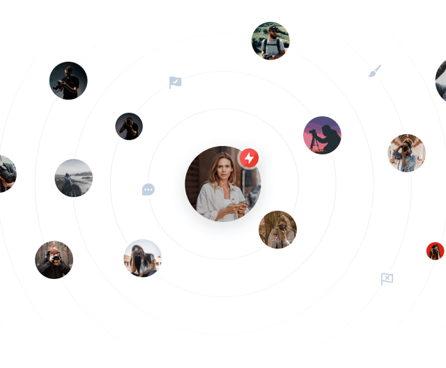 User centric visual with a woman surrounded by collaborators and review options