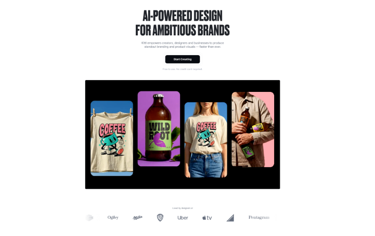 A webpage for Kittl, an AI design tool, with the headline 