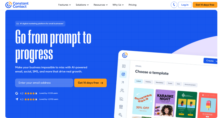A screenshot of the Constant Contact homepage with the headline 