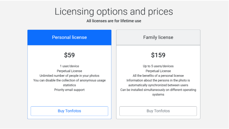 A pricing table showing two lifetime license options: a Personal license for $59 and a Family license for $159, with features for each listed.