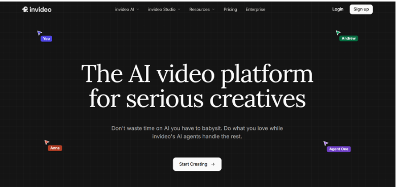A screenshot of the invideo AI website's homepage. The headline reads,