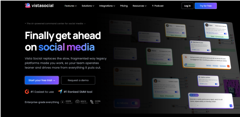 Screenshot of the Vista Social homepage with the headline 