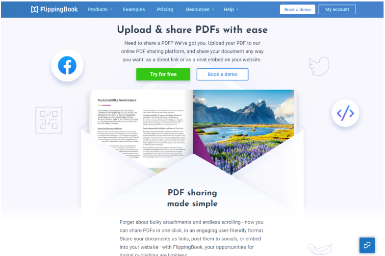 FlippingBook homepage with the headline 'Upload & share PDFs with ease' and a sample digital flipbook showing a landscape image and a page of text.
