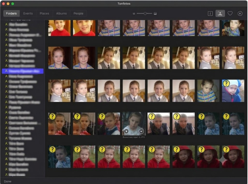 A screenshot of the Tonfotos app using facial recognition to sort photos of a child. A grid of images appears next to a list of identified people.
